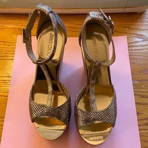 Brand new Jimmy Choo gold snakeskin wedges